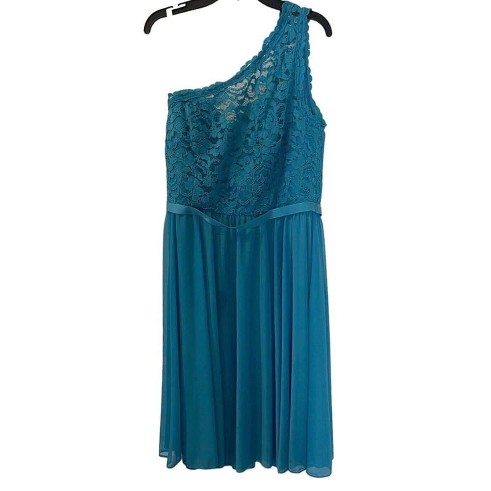 David's Bridal Women's Teal One Shoulder Lace Pleated Dress sz 10 Nwt
